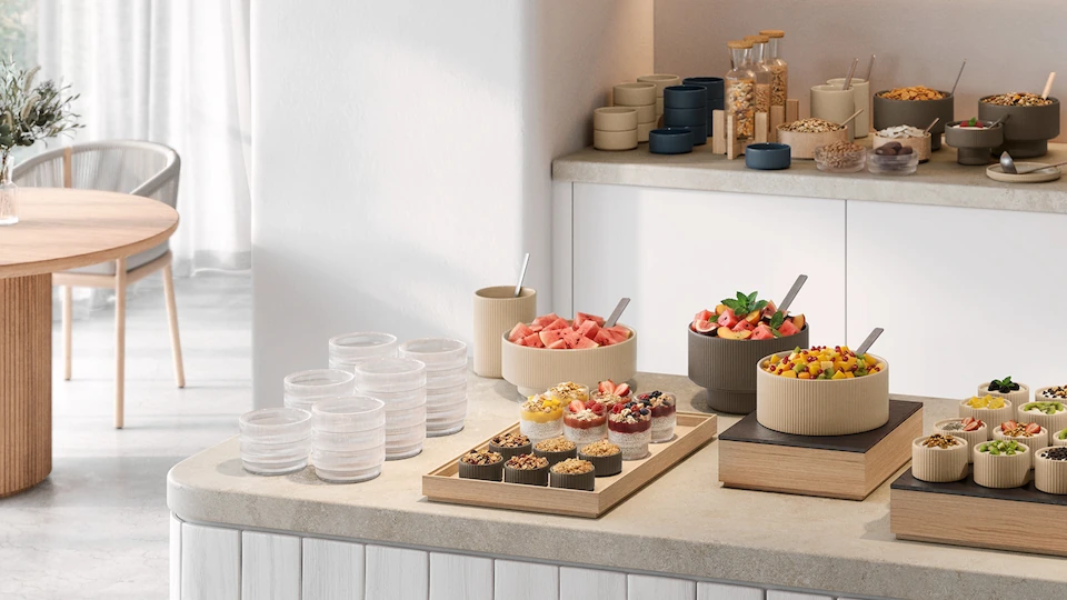 Materials used in THE GRID — wood, borosilicate glass and porcelain